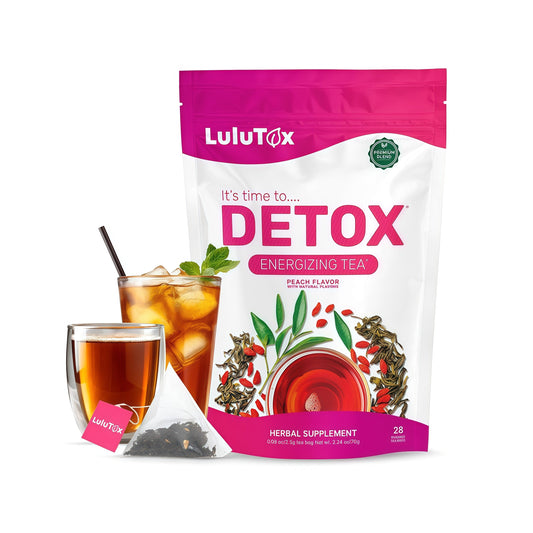 LULUTOX Detox Tea - Slimming Tea with Dandelion and Ginseng to Support Goals for Detox Cleanse, Flat Belly, Bloating, Healthy Weight and Digestive Health - Women & Men - Peach Flavor (28 Servings)
